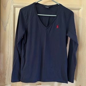 Ralph Lauren Sport Long Sleeve V-Neck Tee in Navy Blue. Women's Medium